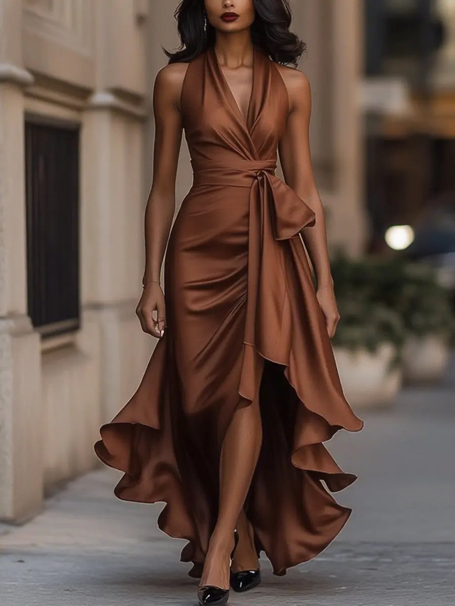 The Selene Satin Halter Gown